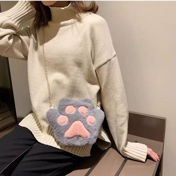 🆕Gray Faux Fur Cat Paw Crossbody Bag Purse - Picture 4 of 6